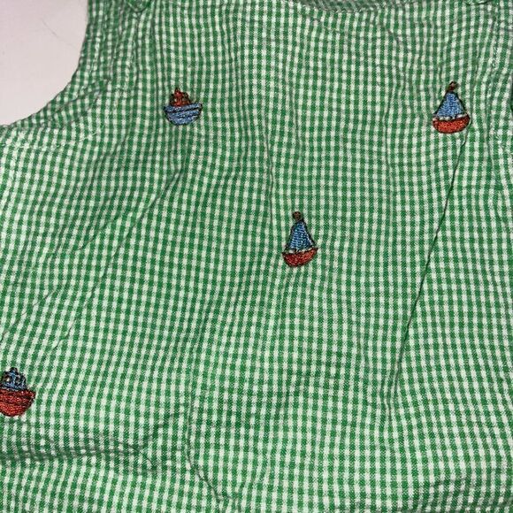 Nursery Rhyme Green & White Gingham Romper w/ Sail & Tug Boats - Sz 3/6 mths - Picture 5 of 6